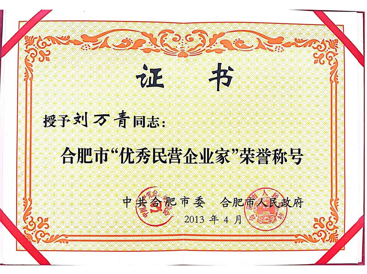 董事長劉萬青被合肥市委、合肥市人民政府授予“合肥市優(yōu)秀民營企業(yè)家”榮譽稱號
